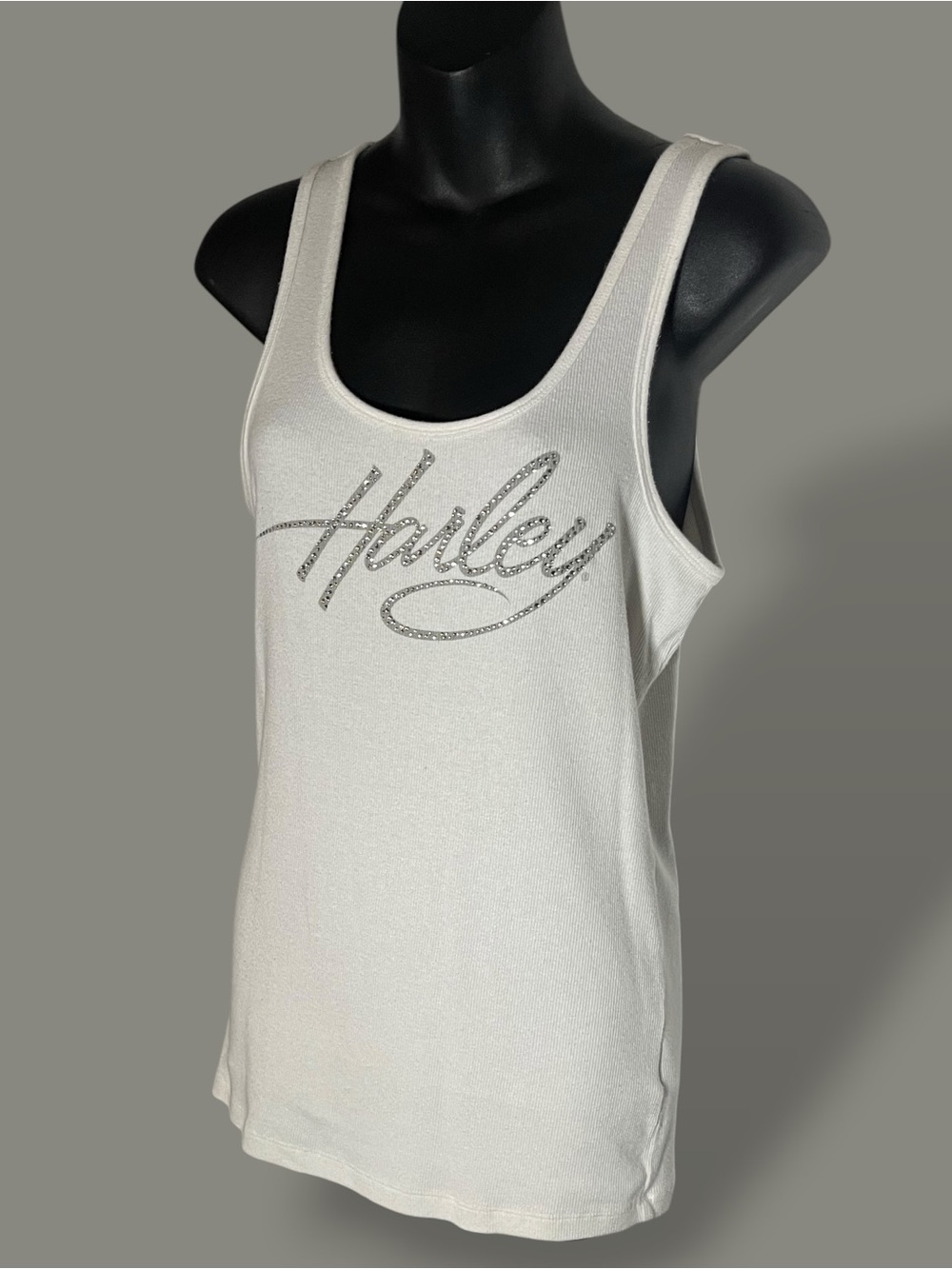 Harley Davidson White Ribbed Bodycon Rhinestone Script Logo Tank Top Size XL